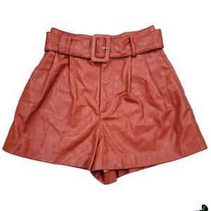 READ Zara Faux Leather Pleated High Rise Belted Shorts Orange XS trf Collection